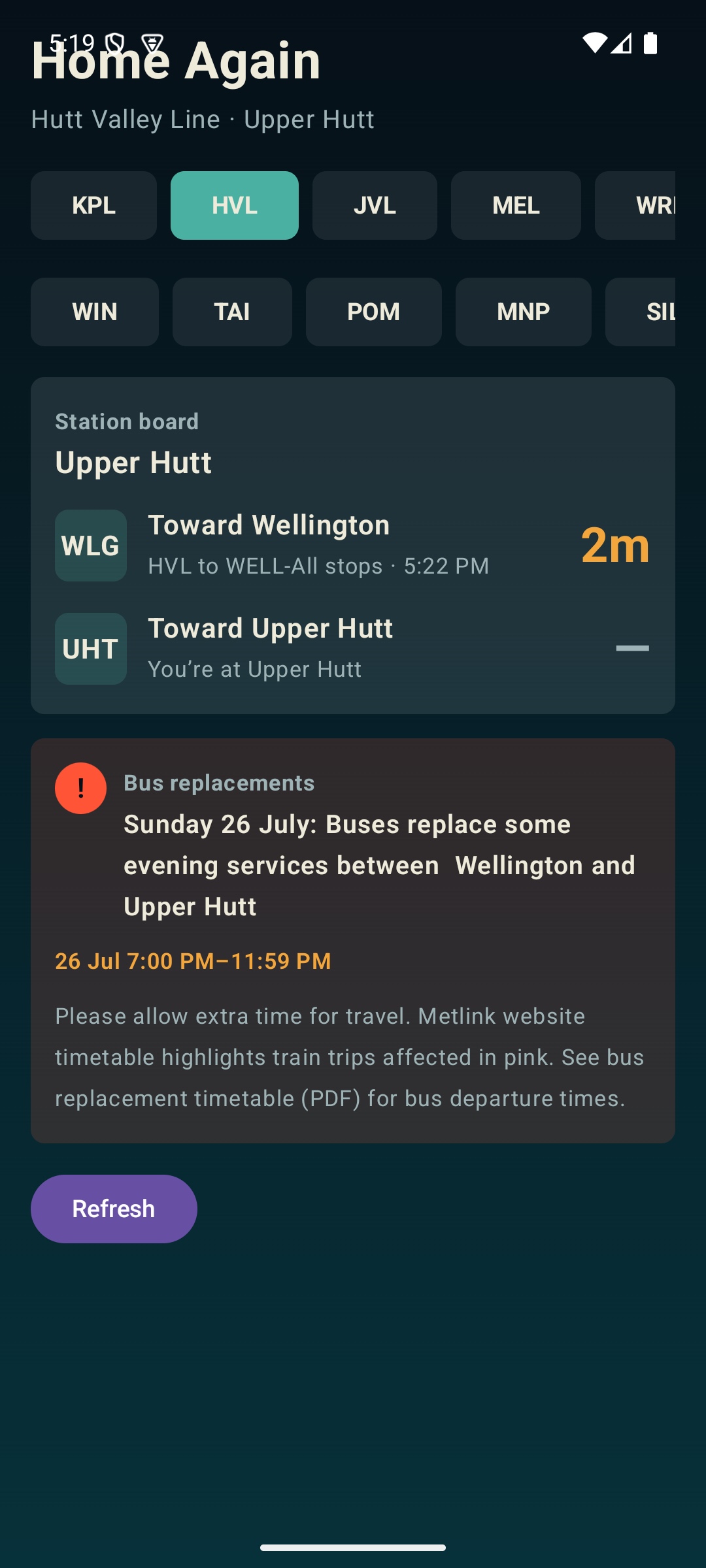 Home Again showing Upper Hutt departures and a rail replacement notice on Android