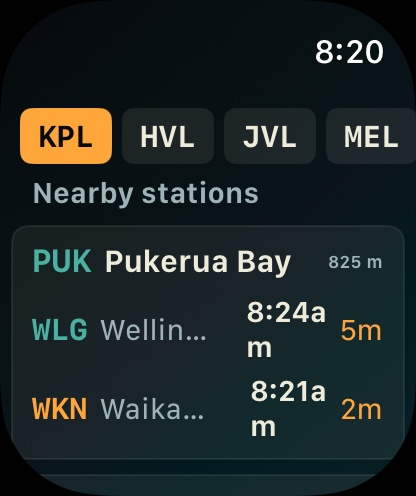 Home Again showing nearby stations and departures on Apple Watch