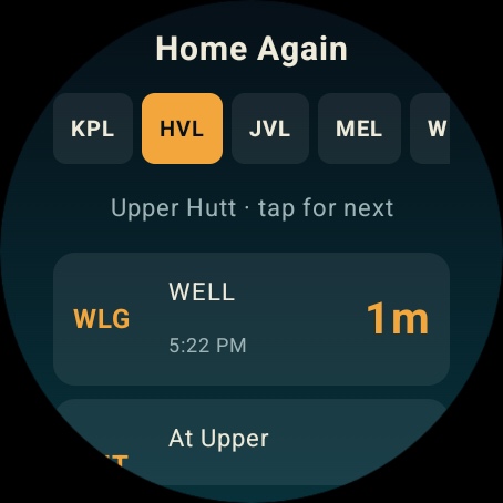 Home Again showing the Hutt Valley Line and next departure on Wear OS